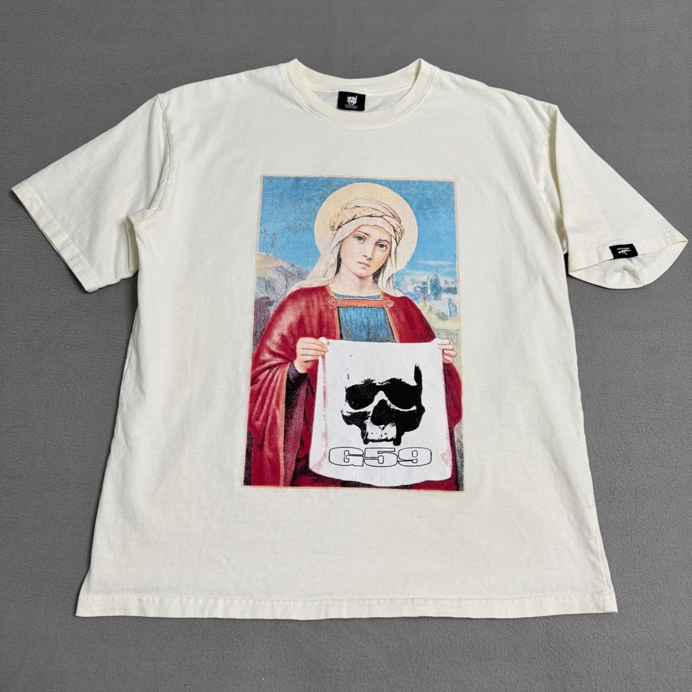 G59 Records T-Shirt Mens XL Cream Virgin Mary Skull Graphic Rap Tee Streetwear